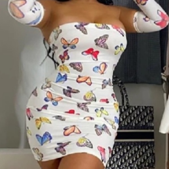 Strapless butterfly print Mini Dress With Gloves SMALL - Picture 3 of 15